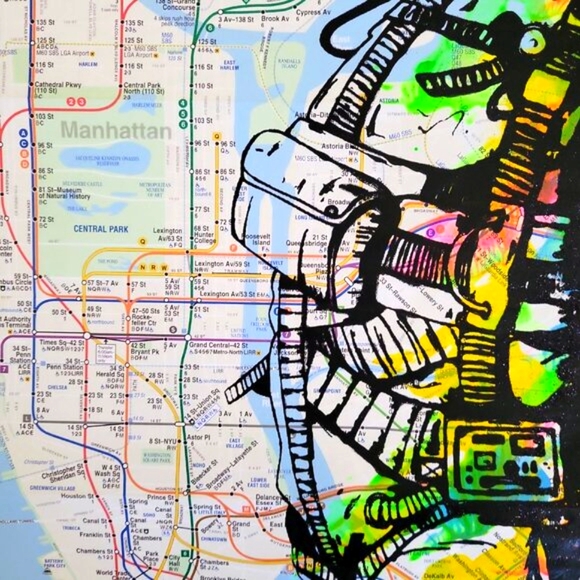 Handpainted Astronaut Acrylic Graffiti Art Spaceman artwork on a NYC Subway Map - Picture 8 of 9